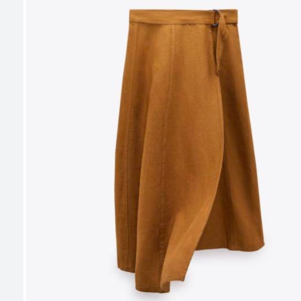 ZARA Linen Pareo Wrap High-Waist Toffee Taupe Brown Midi Maxi Skirt $69.90 - Picture 4 of 8